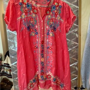 Johnny Was Pink Embellished Tunic with Mandarin Collar